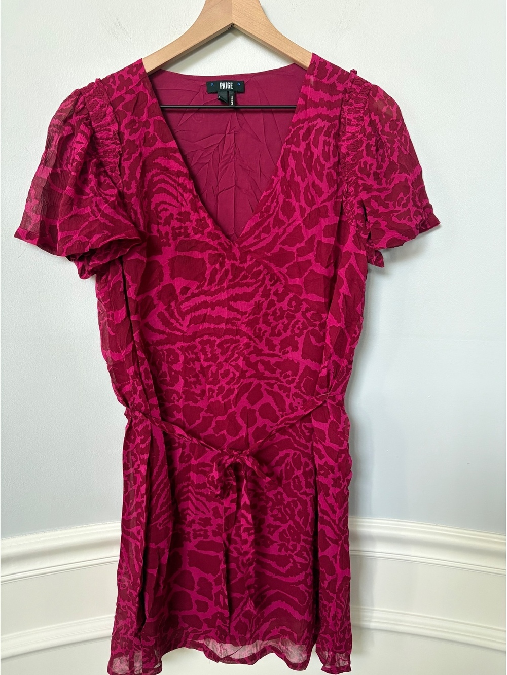 PAIGE 100% Silk Fuchsia Animal-Print V-Neck Midi Dress - Medium